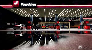 Westfalen Tankstelle in neuem roten Design, bei Nacht