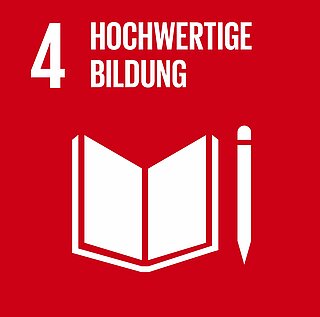 Icon des 4. Sustainable Development Goals "Hochwertige Bildung": weißes Buch und Stift auf rotem Hintergrund