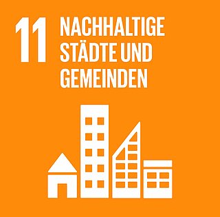 Icon des 11. Sustainable Development Goals "Nachhaltige Städte und Gemeinden": weiße Gebäude auf orangem Hintergrund